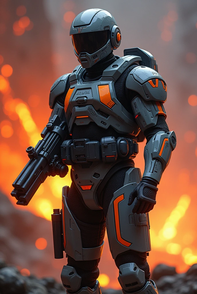 Hightech Soldat, Grey equipment with orange bright stripes, helmet, machine gun, Lava See,