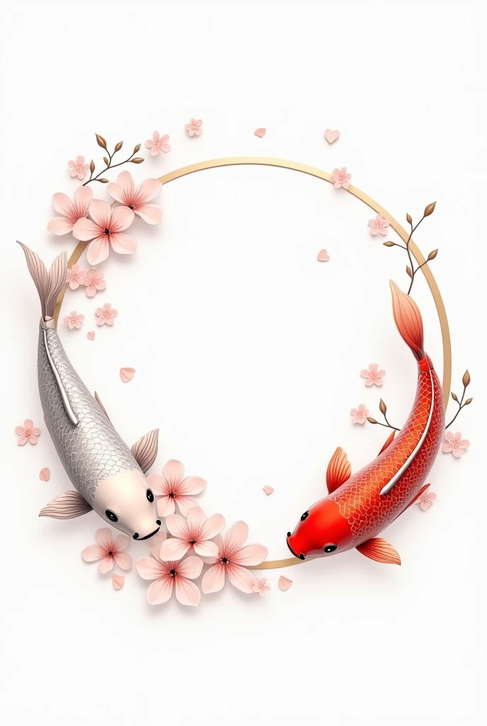 Generate a round label with a white background and surroundings, inside the label, contain cherry blossoms along with Japanese koi fish, the center must be blank. All right Simple