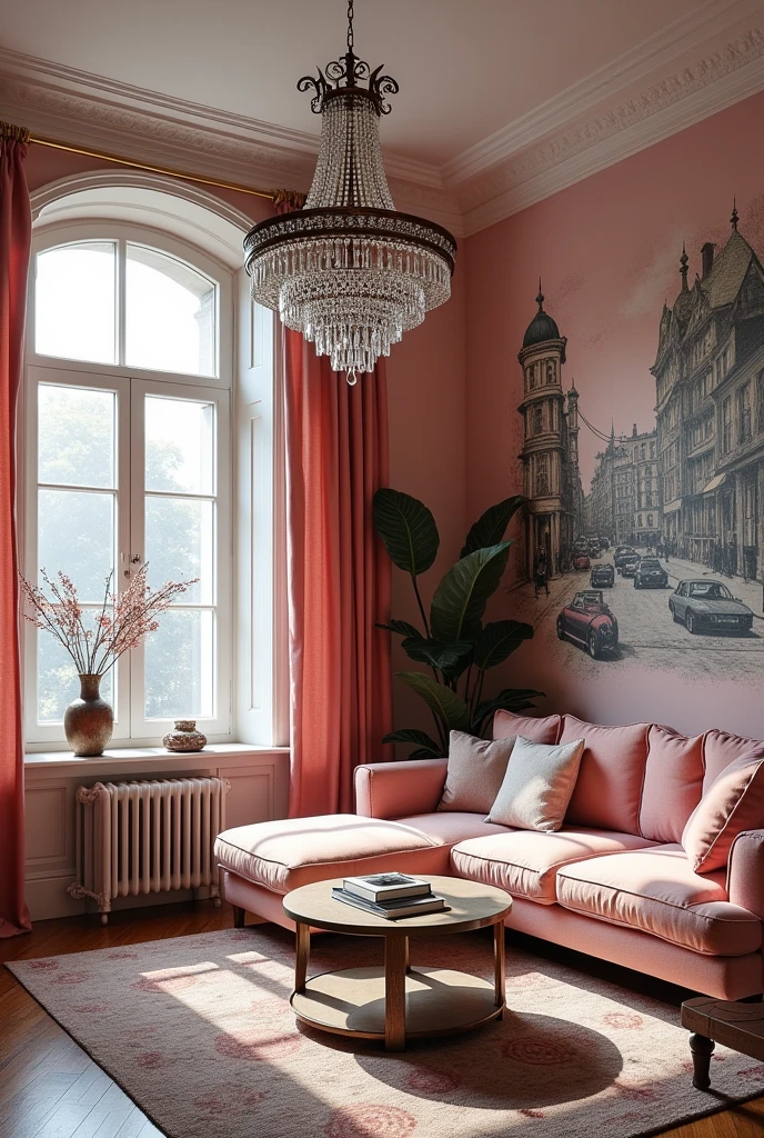 Photo realiste d’un salon dans un appartement avec baie vitree a l’anglaise (bow window)
decoration ancienne et street art directement dur le mur et un lustre a pampille
Tons rose et gris