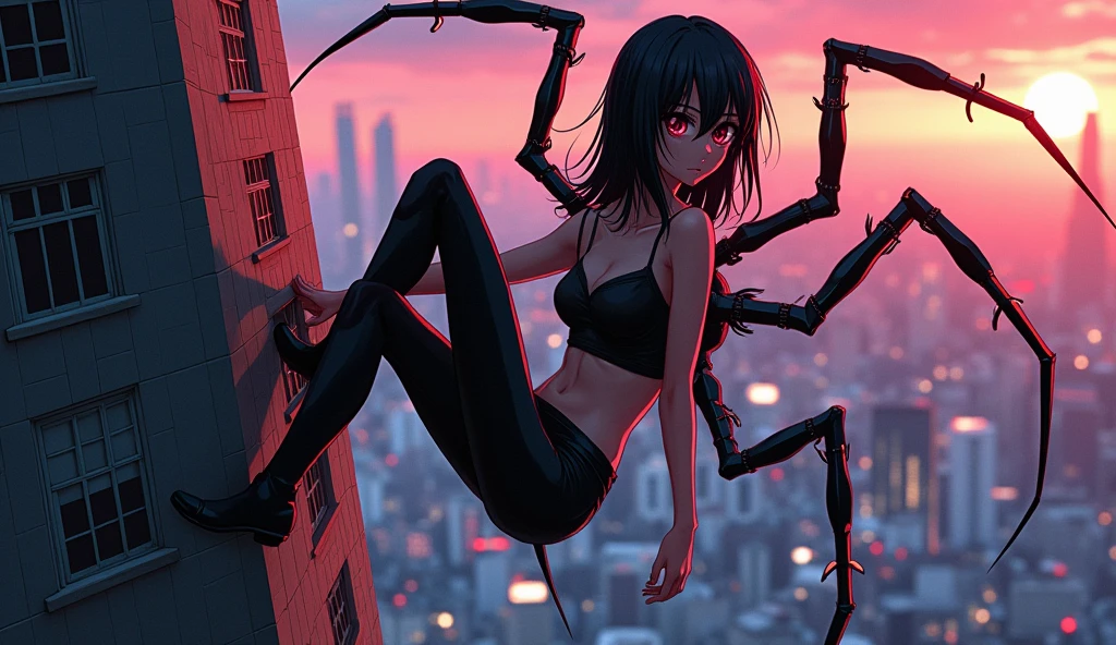 A full-body anime-style illustration of a half-human, half-spider demon girl with red eyes climbing a building, wearing a black tube top, and straight, long black hair with bangs. The background is Tokyo.