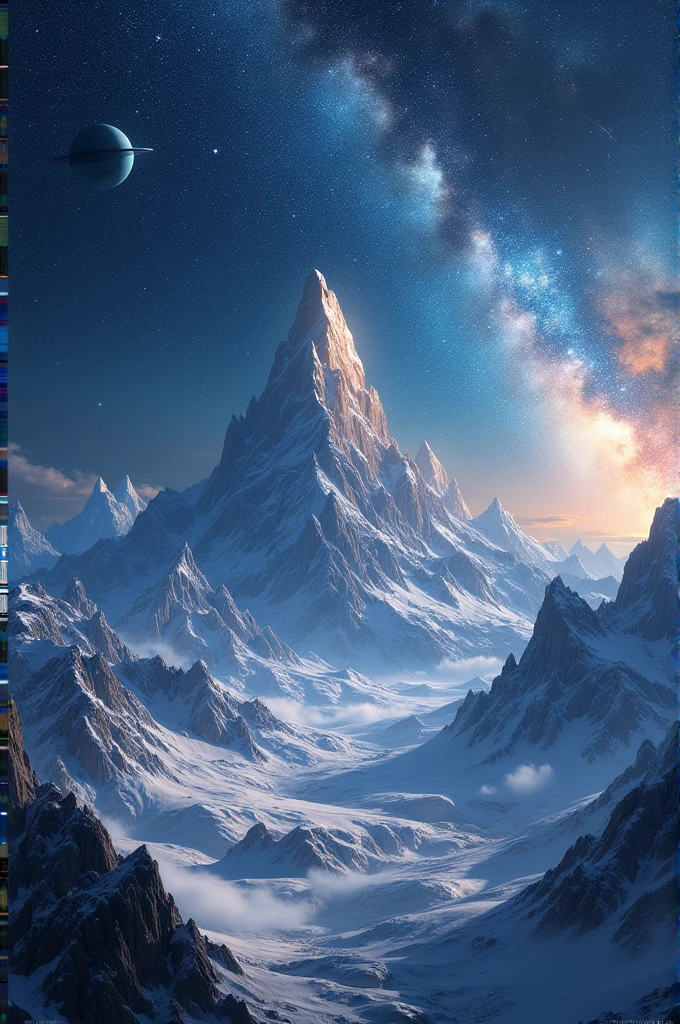 There are high mountains, there is Saturn, there is a galaxy.