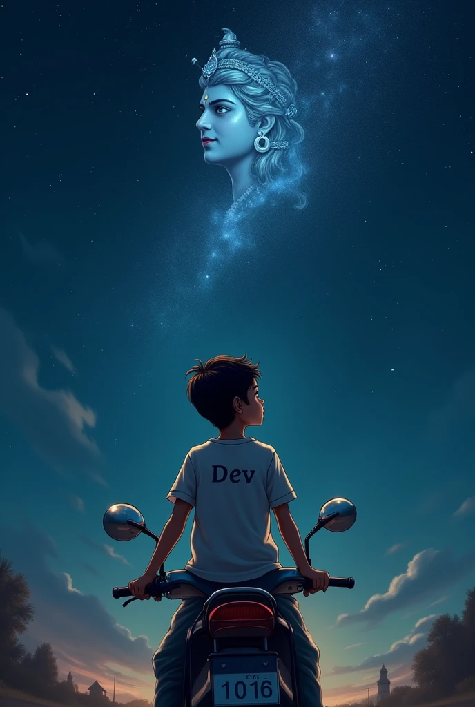 A boy name is DEV which is written in his tshirt is sitting in a scooty and he is seeing in the sky and Hindu god shree krishna looking him from sky . Make the atmosphere at night
