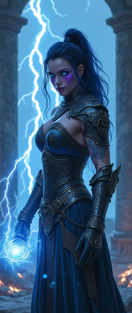 Aletta Ocean, angry evil beautiful and muscular, Nordic female, towering storm Giantess with blue black hair in a ponytail, older and mature woman, throwing a lightning ball, celtic glowing tattoos, wearing nordic steel runic plate mail Armour , temple cave background with lightning storm, glowing blue eyes, square jaw, powerful and imposing, winter clothing, pale blue purple skin, ((full plate celtic dragon armour)), nordic tattoos, fit bodybuilder, facing the camera , ultra detailed