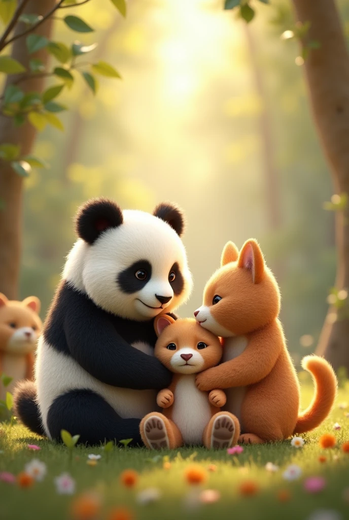 one panda
one teddy bear
one cat
with each other