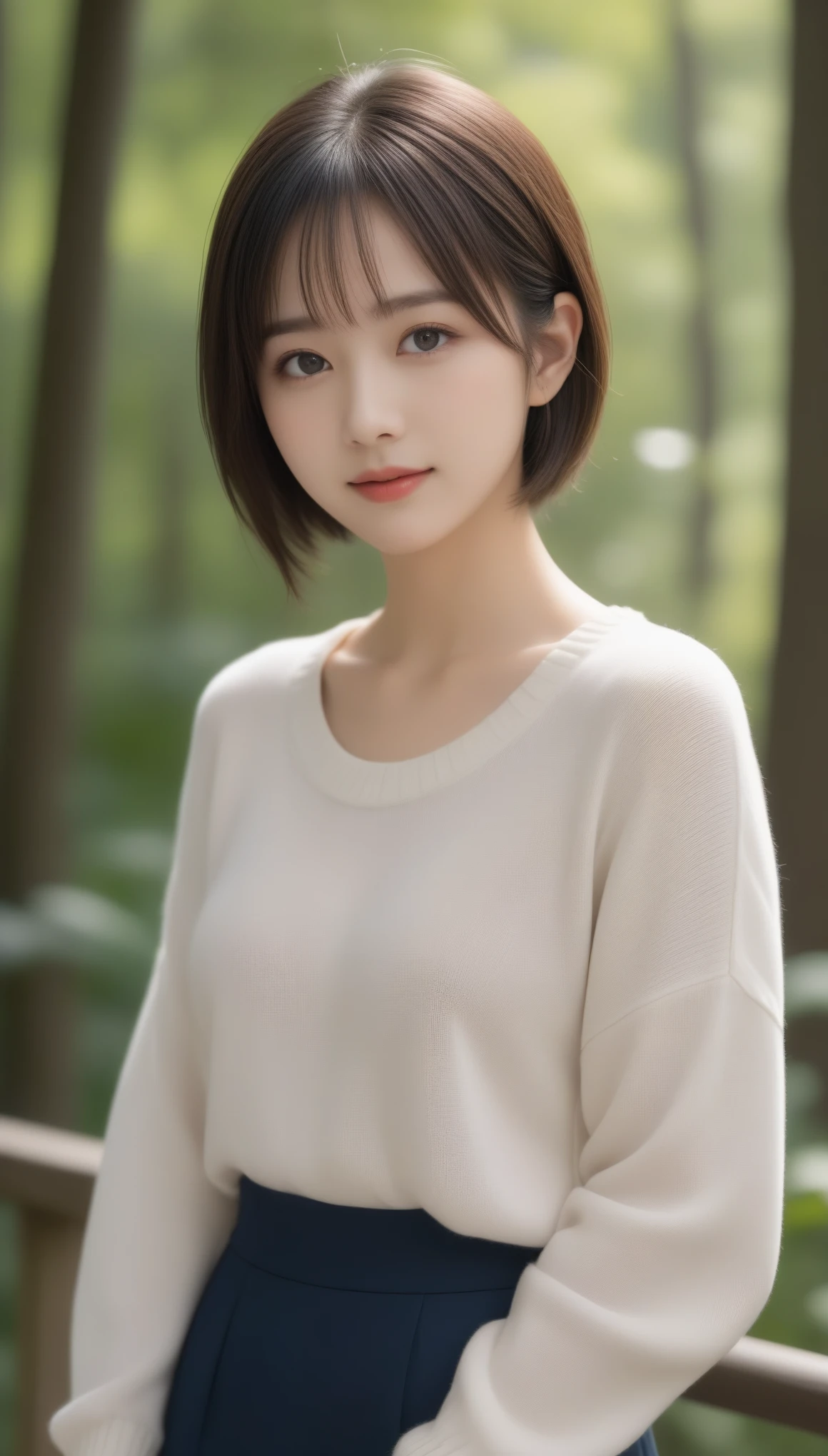 8k, Ultra-high resolution, Highest quality, masterpiece, 三分割法によるphotograph,Surreal, photograph, 1 , (:1.3), cute, cute顔, 細部までBeautiful Eyes, 細かくdetailedに,masterpiece,One Girl:1.2,Japanese women,Young Wife,cowboy shot,smile,Black Short hair,Messy bun hair,(Summer knitted sweater:1.3),Pencil Skirt,Background of a mixed forest,woman leaning on a tree,Soft sunlight,(Beautiful attention to detail),Subtle details, detailedな顔, smile,attractive,(のポートレートphotograph:1.4),(Photorealistic images:1.4),Fantasy art,(Beautiful Face:1.4),美しくattractive目、Beautiful Eyes、(Tight waist:1.4)、(Beautiful with perfect body proportions:1.4),Pink Lips,Looking at the audience,(((Ideal body type))),A-cup small breasts :2,、Portraiture:2、Perfect Anatomy、鮮明なdetailed、detailed,Fashion magazine cover,Thin lips,完璧でBeautiful Face ,完璧でcute顔, Skin with attention to detail, Perfect limbs、Narrow waist,Surreal,Light and shadow,dappled sunlight