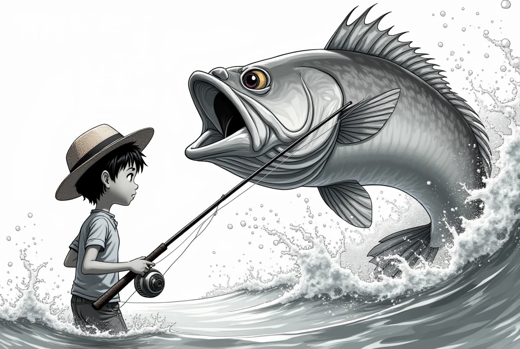 Monochrome, manga style, 2D animation style, illustration, a boy holds a fishing rod in one hand, a detailed depiction of the fishing rod reel, from the side, a straw hat, a short-sleeved T-shirt over a long-sleeved shirt, in the background a large sea bass with its mouth wide open and covered in water droplets, dynamically twisting its body, sparkling water droplets