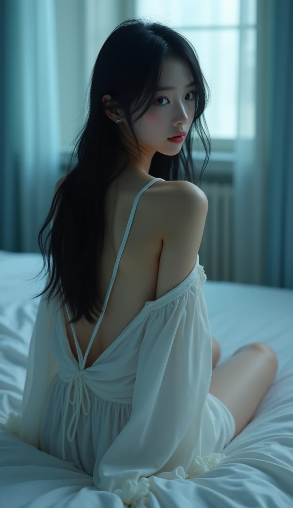 nude,masterpiece, Highest quality,High resolution,Alone,Back view,looking over shoulder at camera,Black long hair,Very young Japanese woman、Very fine skin,Sitting on the bed , The room is very cool、Beautiful lighting, Highly detailed 8K photos