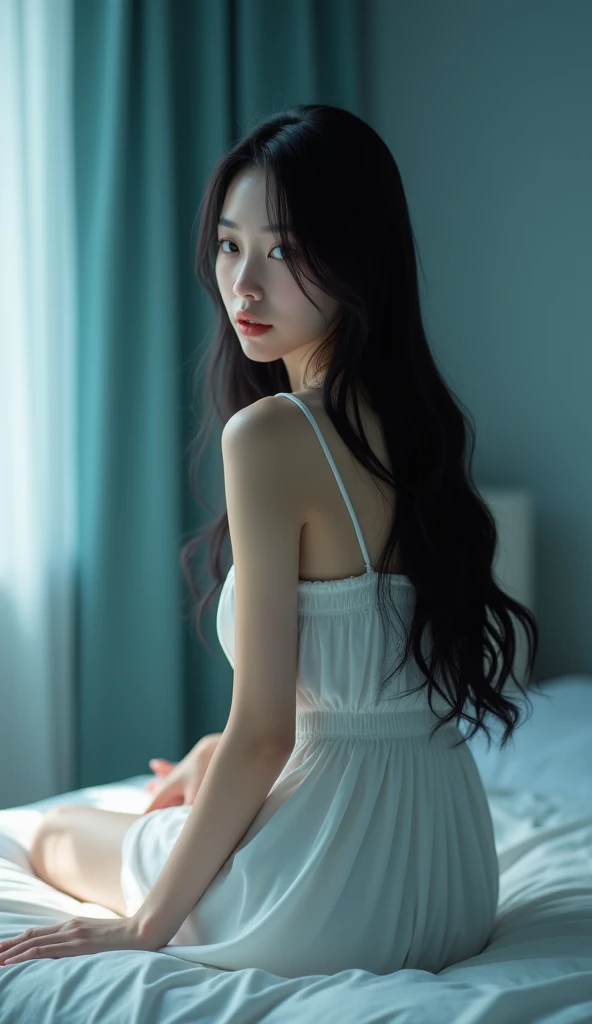 nude,masterpiece, Highest quality,High resolution,Alone,Back view,looking over shoulder at camera,Black long hair,Very young Japanese woman、Very fine skin,Sitting on the bed , The room is very cool、Beautiful lighting, Highly detailed 8K photos