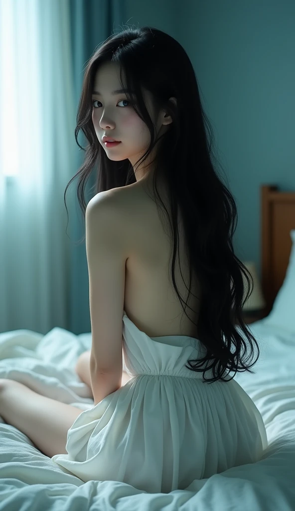 ,masterpiece, Highest quality,High resolution,Alone,Back view,looking over shoulder at camera,Black long hair,Very young Japanese woman、Very fine skin,Sitting on the bed , The room is very cool、Beautiful lighting, Highly detailed 8K photos