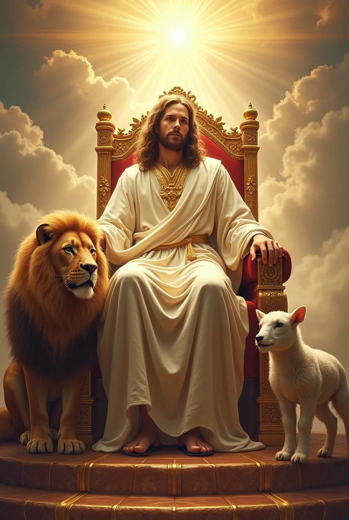 Jesus sitting on a throne in heaven, with a lion on one side, and a lamb on the other side high quality image