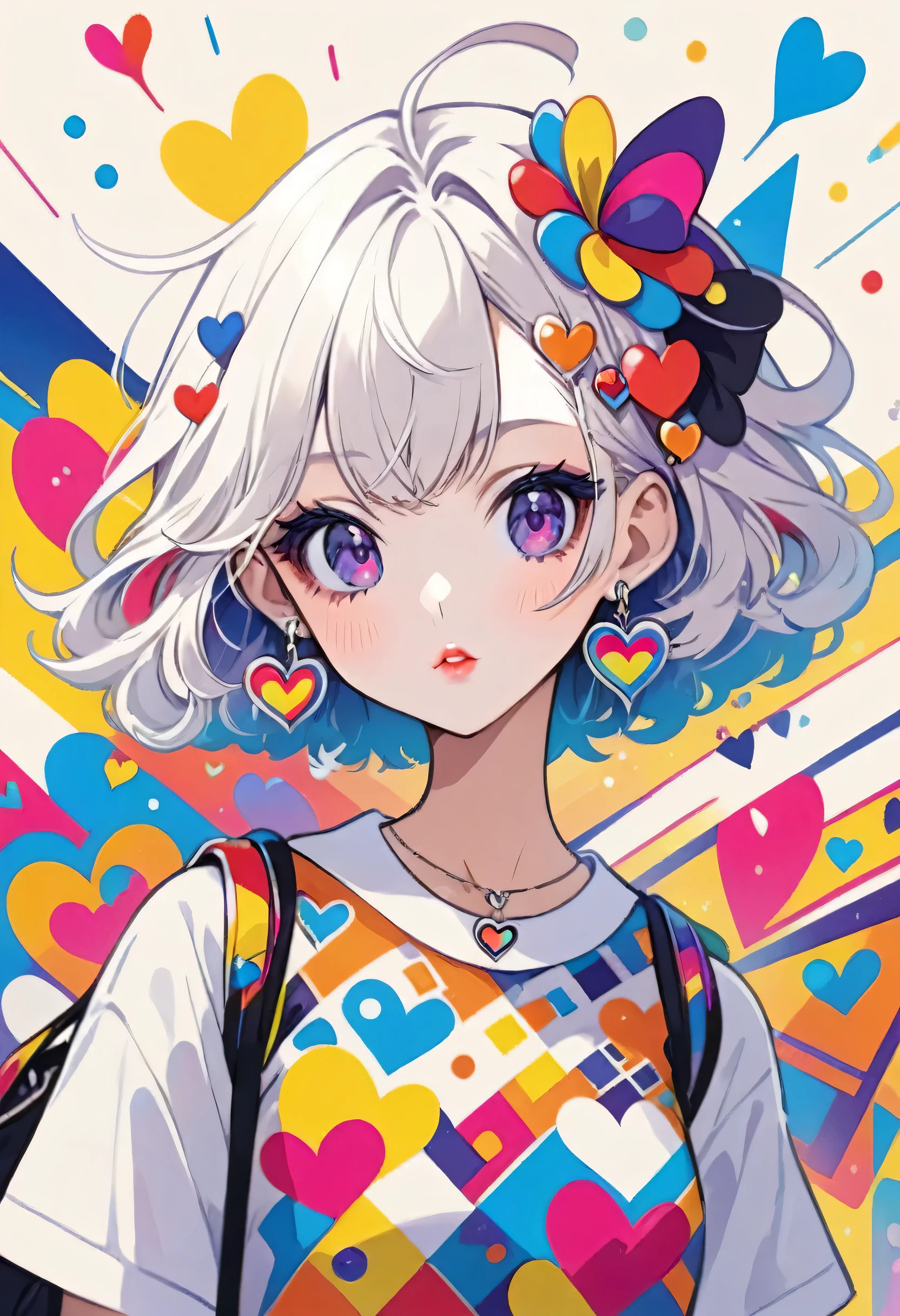 Ultra-realism Vasily Kandinsky colorful style, Simple Line Initialism,Abstract art,(((The most beautiful girl of all time))), Sweet face. Lips in love, colorful hearts, stylish design, Stylish summer clothes, Dark Eyes, Playing, Harajuku Street