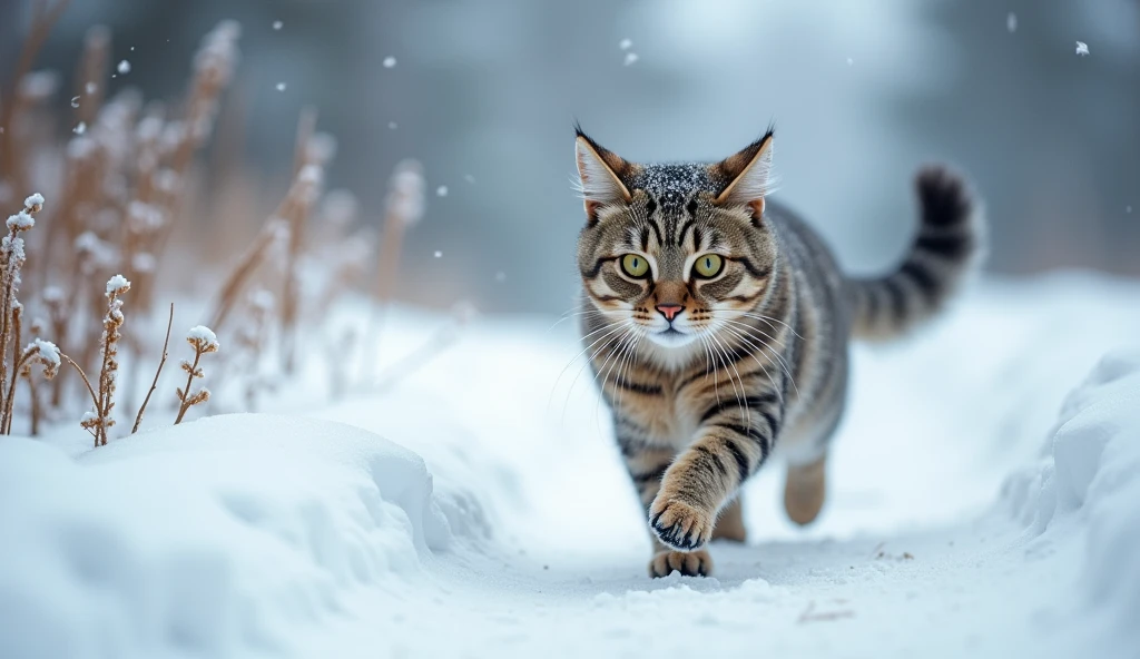 (photorealism:1.2), Photo of a graceful cat running on a snow-covered path, shot on a Canon EOS R5 with a depth of field f2.8, 85mm lens, 32k resolution, natural light, and realistic snow details --v 5 --q 3 --uplight