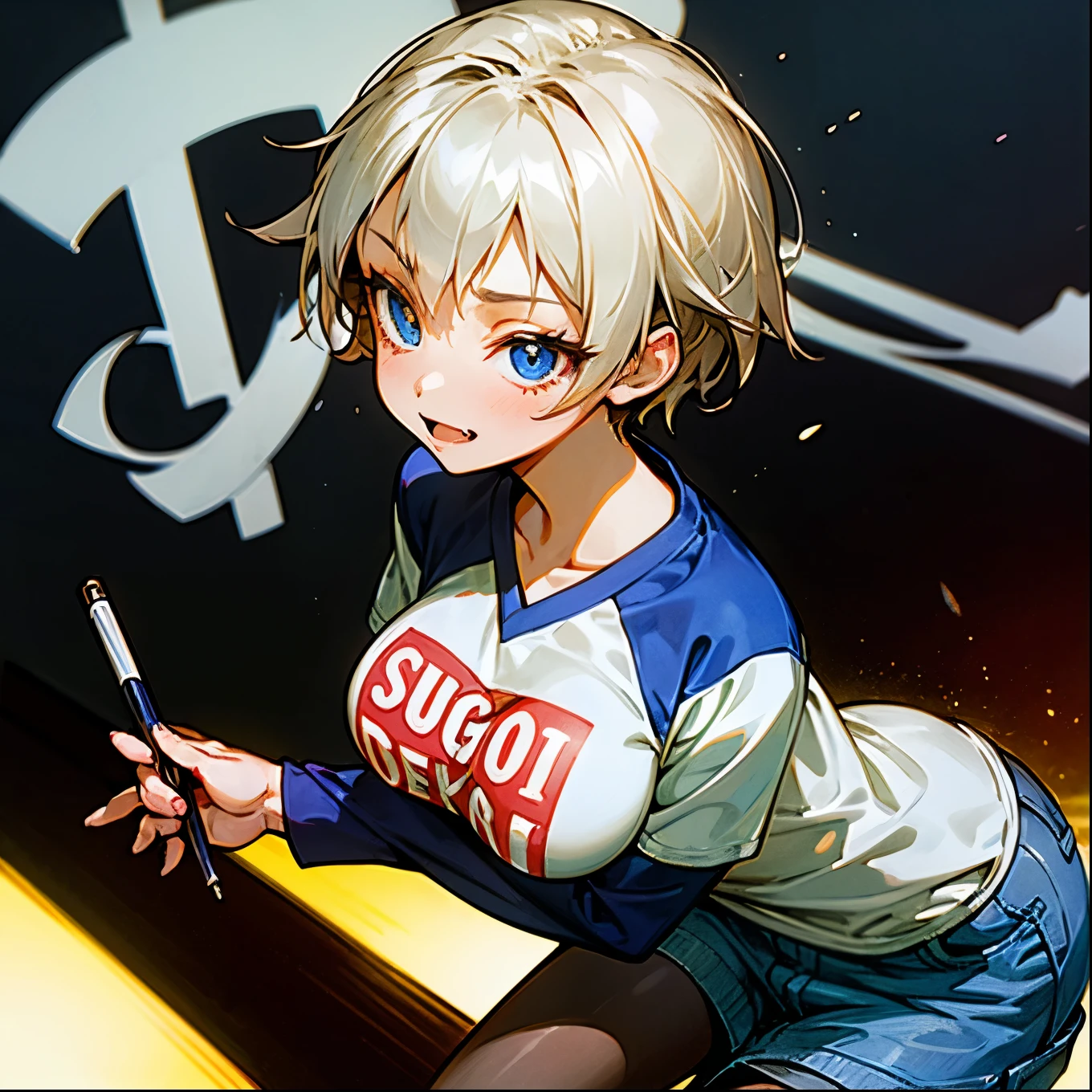 Long shot,ground shot, ground shot, front angle, glowing skin, beautiful girl, high quality, masterpiece,break, uh1, shirt, raglan sleeves, romaji text, clothes writing, long sleeves, denim shorts, pantyhose, fang, T-shirt,writting,T-shirt that says "Sugoi Dekai",beautiful girl's face, (very beautiful girl's face)