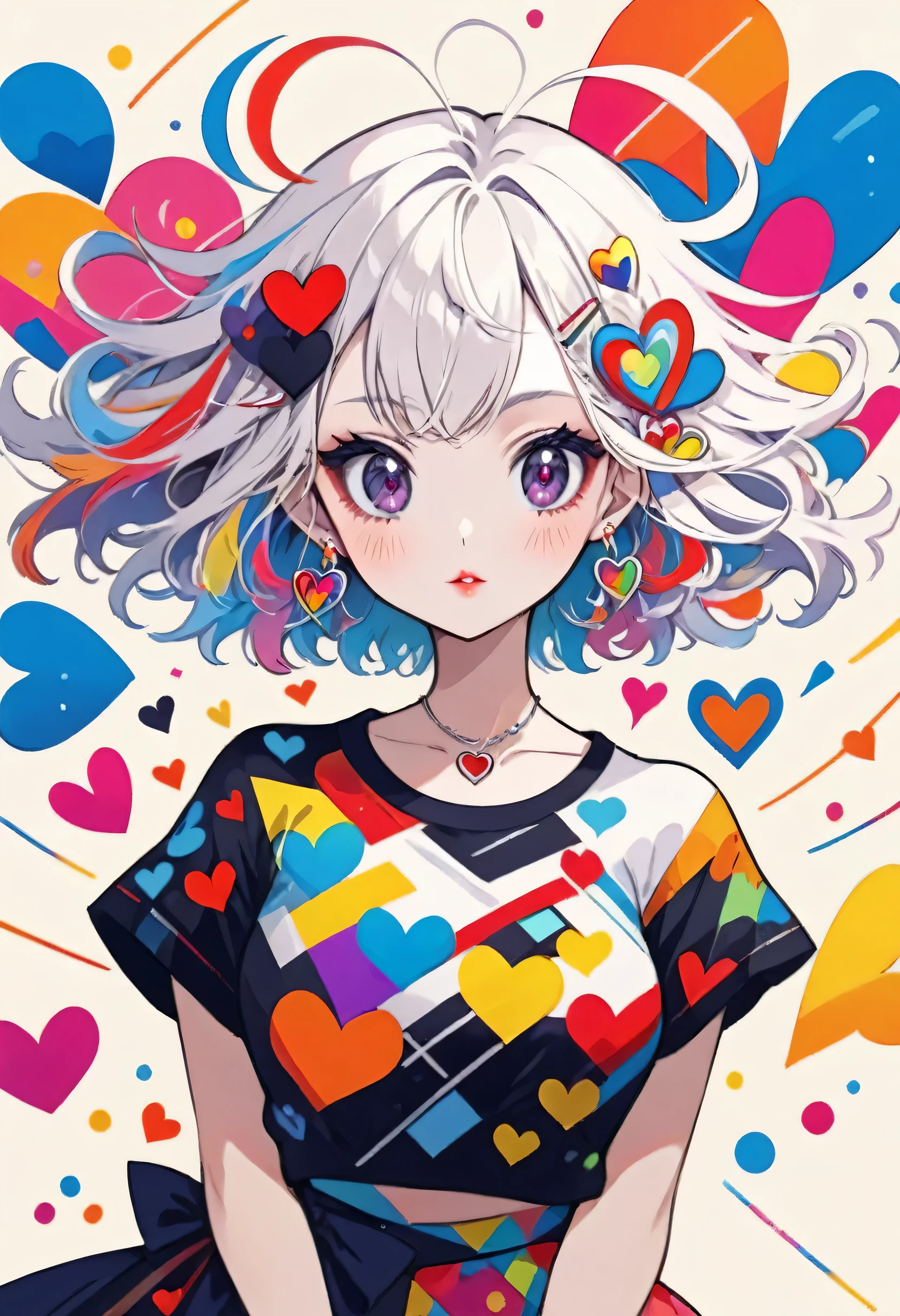 Ultra-realism Vasily Kandinsky colorful style, Simple Line Initialism,Abstract art,(((The most beautiful girl of all time))), Sweet face. Lips in love, colorful hearts, stylish design, Stylish summer clothes, Dark Eyes, Playing, Harajuku Street