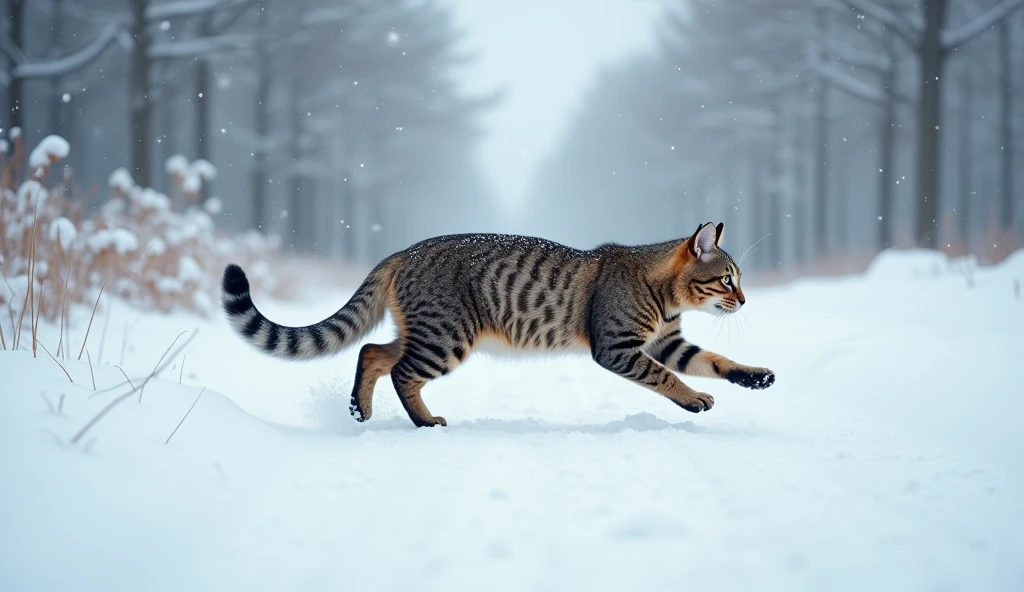 (photorealism:1.2), Photo of a graceful cat running on a snow-covered path, shot on a Canon EOS R5 with a depth of field f2.8, 85mm lens, 32k resolution, natural light, and realistic snow details --v 5 --q 3 --uplight