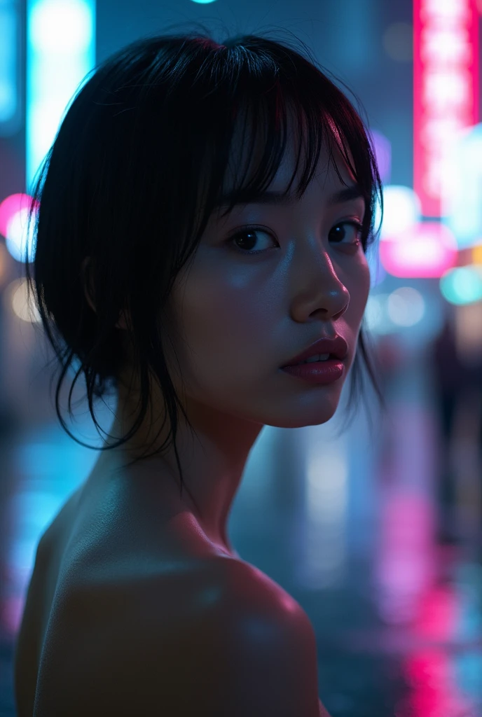 "A close-up portrait of a beautiful nude woman at night in a cyberpunk-style city. Her face is illuminated by the neon lights reflecting off the wet asphalt. The focus is on her expressive eyes, with vibrant hues of blue and pink from the city lights adding depth to her features. Her short, sleek hair is slightly damp from the soft rain, and she has a confident yet mysterious expression. The background is blurred but hints at futuristic, neon-lit streets, with the city's architecture subtly visible.", "size": "1024x1792" }