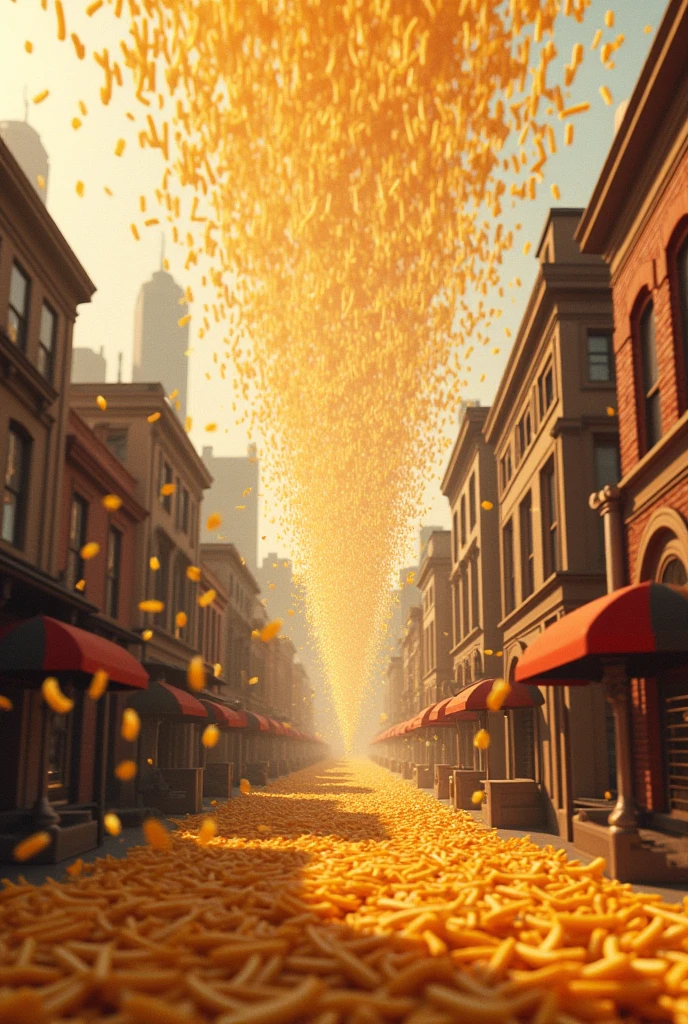 Pluie de frites tombant partout  comme de la pluie sur une ville 
