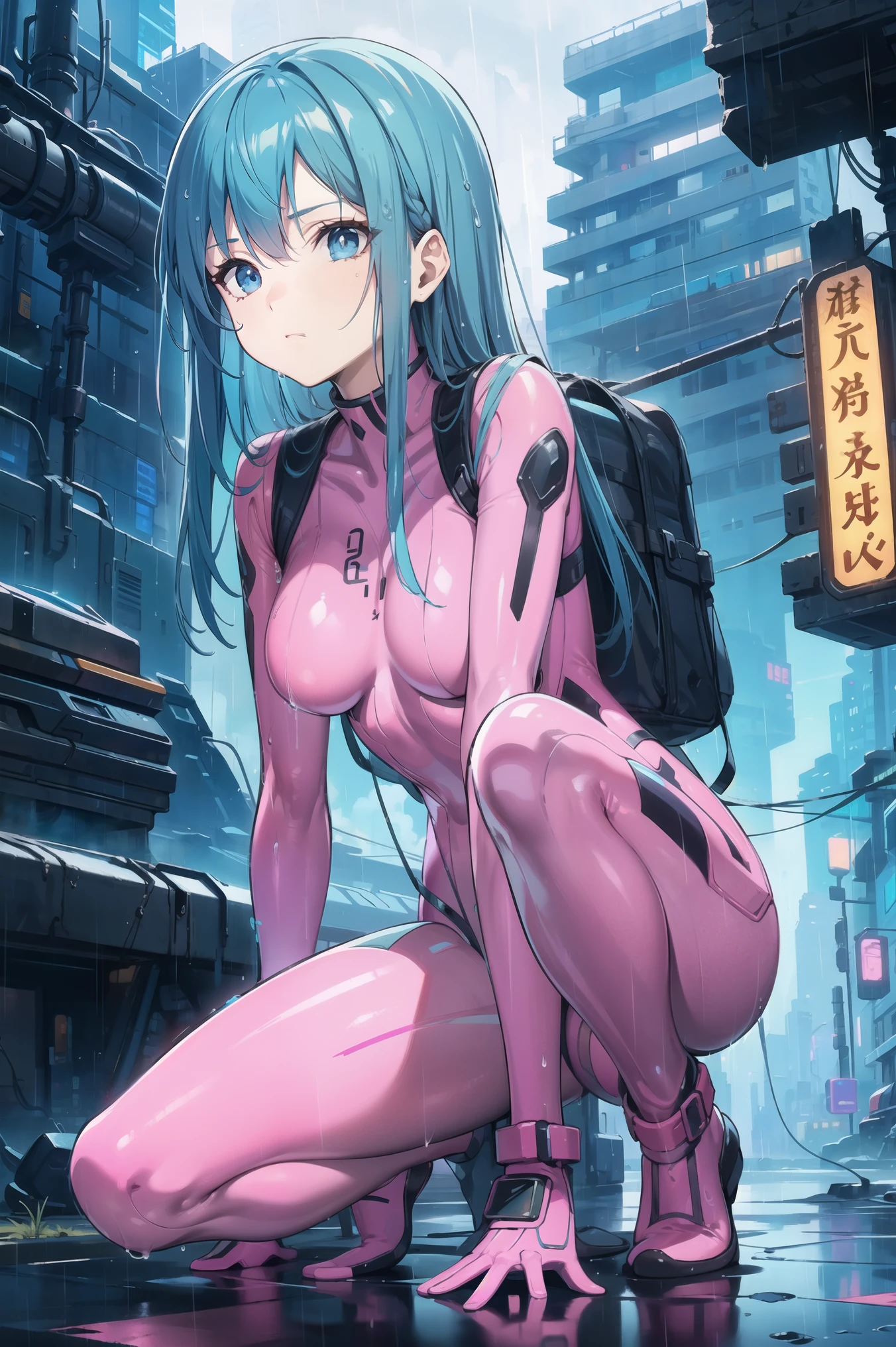 ((masterpiece)), ((best quality)), perfect detailed eyes, perfect detailed face, light blue hair, hair over shoulder, (pink bodysuit), armed shoulders, armed arms, sci-fi movie warrior, shiny costume, Cute girl, detailed face, fine details, diffused reflection of light behind, It's raining, on her knees in the rain