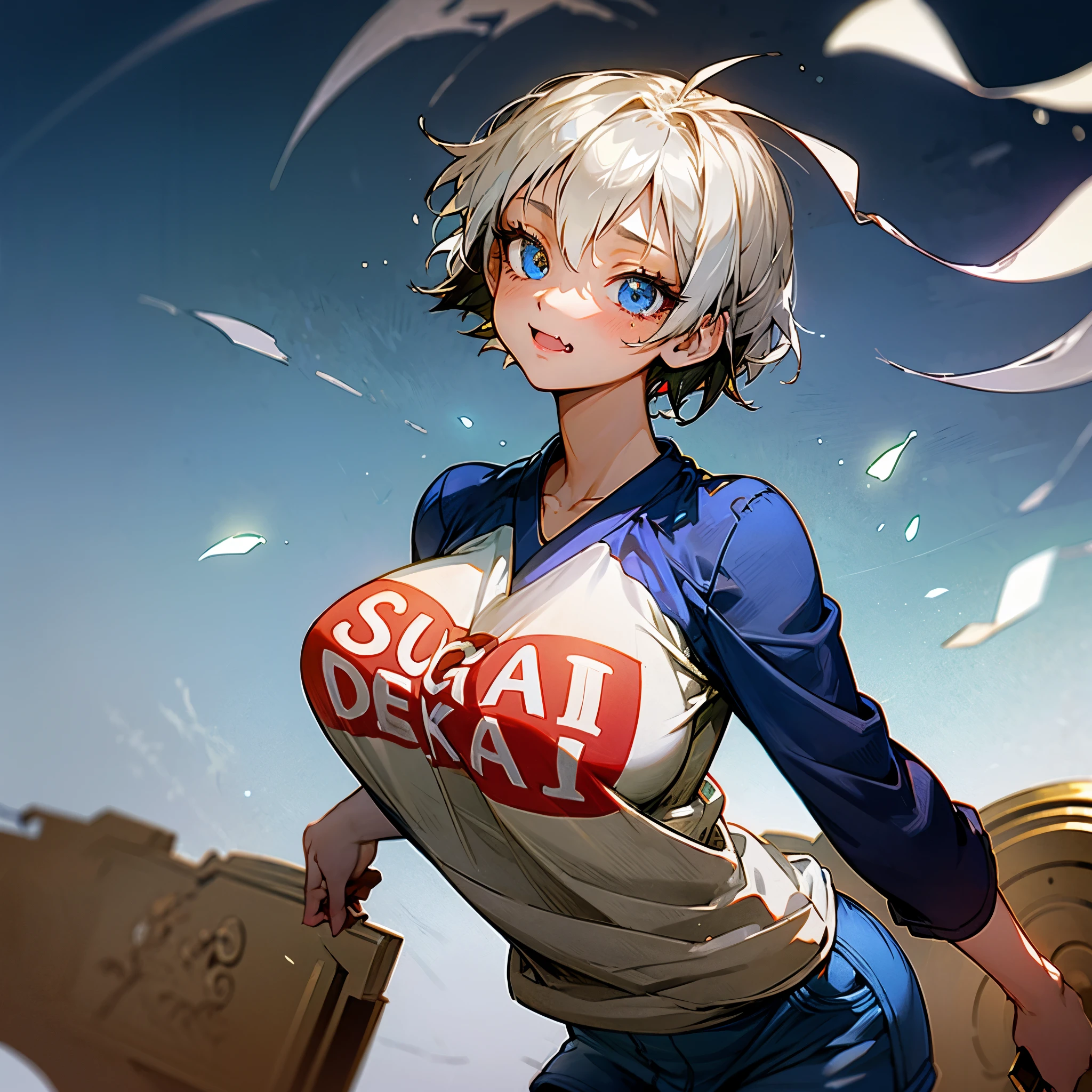 Long shot,ground shot, ground shot, front angle, glowing skin, beautiful girl, high quality, masterpiece,break, uh1, shirt, raglan sleeves, romaji text, clothes writing, long sleeves, denim shorts, pantyhose, fang, T-shirt,writting,T-shirt that says "Sugoi Dekai",beautiful girl's face, (very beautiful girl's face)