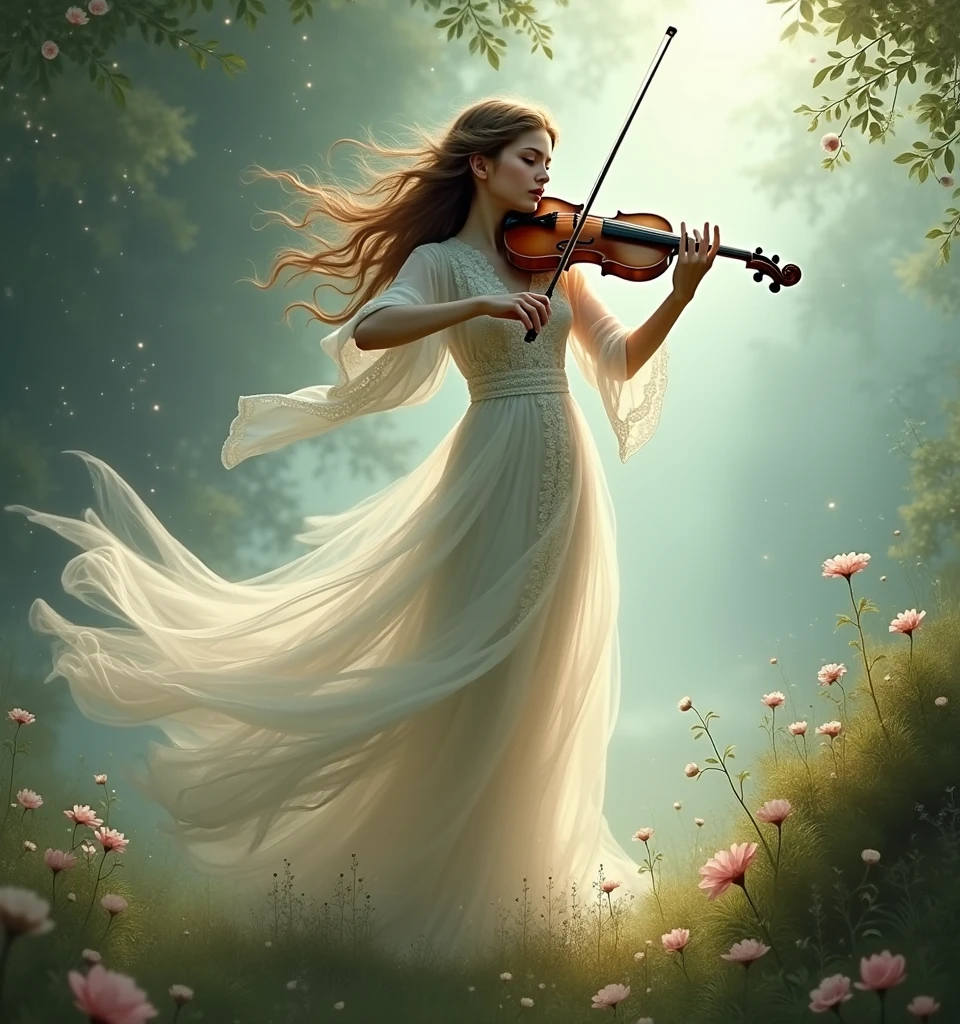 A fantasy, beautiful girl playing violi, she's wearing a transparent dress,