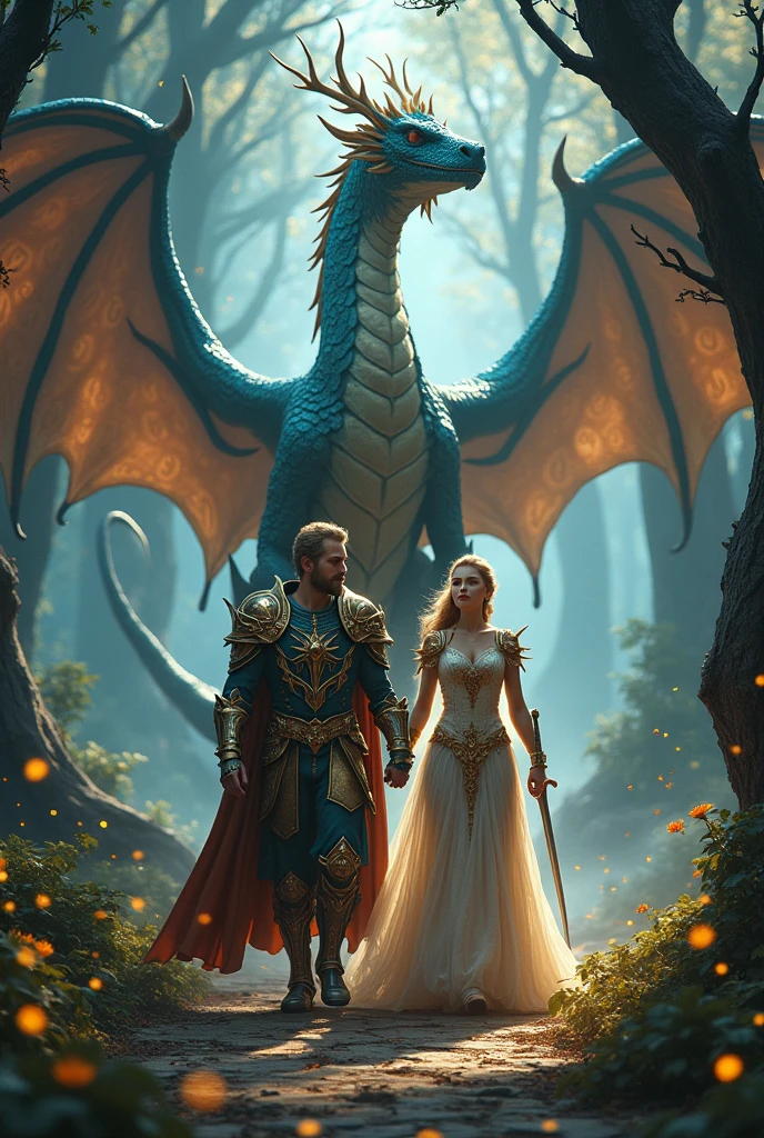 

"Amidst a mystical forest, a regal king and queen stride majestically, clad in ornate armor, their shimmering swords at their sides, as a magnificent dragon, with scales of sapphire and gold, walks beside them, its wings unfolding like a canopy, while fireflies dance around the trio, illuminating their path, as ancient trees loom, their branches twisted with magical runes."

