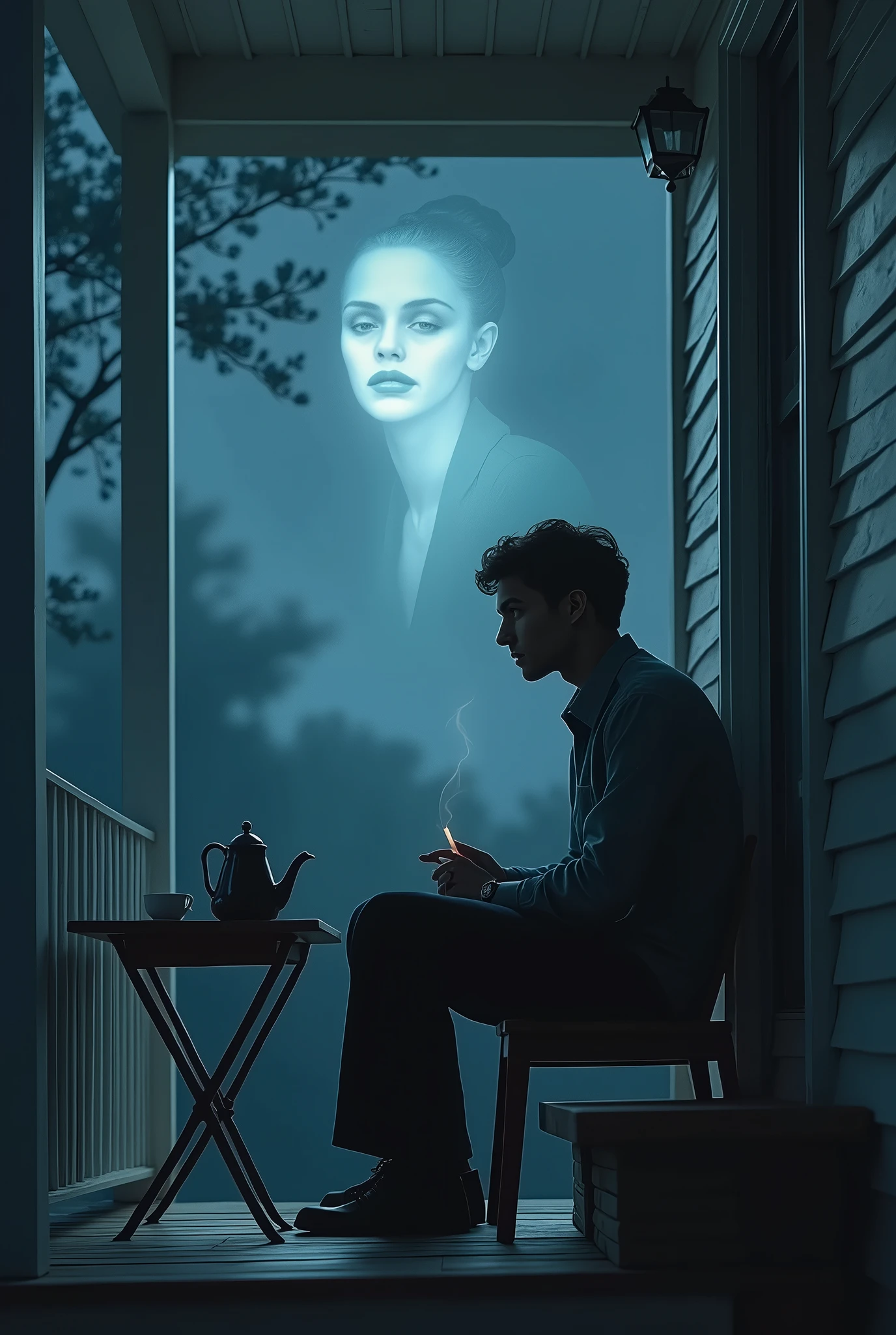 (photorealism:1.2), seorang anak muda tampan sedang duduk termenung di teras rumah dithe night, holding a cigarette with smoke(like real), house with white paint, the night (there is a phantom image of a beautiful woman's face in the night sky), there is a kettle and a cup of coffee on the table.
