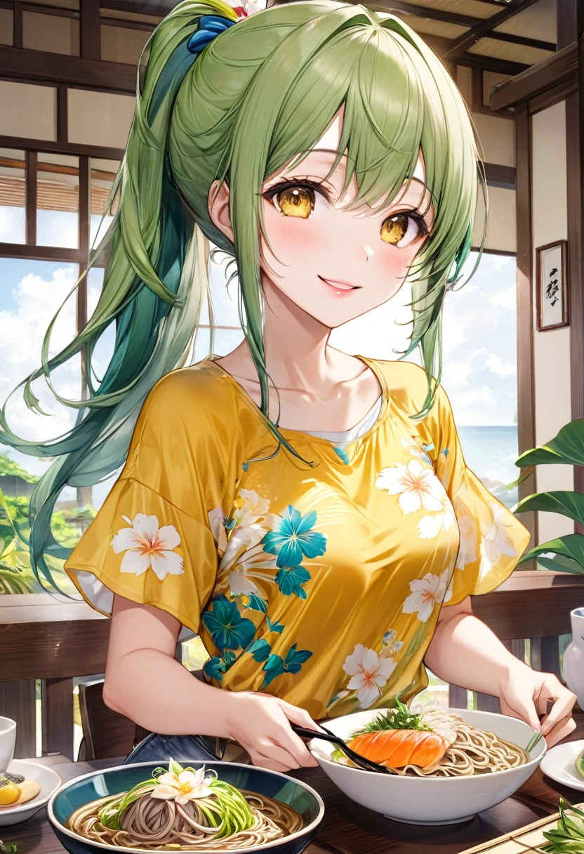 (eating style) (enjoy okinawa gurume), (solo:2, 15 yo), (beautiful ponytail) (glossy beautiful green hair long hair) (beautiful cute girl), (glossy lip, happy smile, best beauty yellow eyes), (medium tits), in a casual yellow tropical blouse, short pants, break, in the Ryukyu Village in Okinawa, master quality line up on table many Delicious Rafute and Soki Soba, BREAK, perfect anatomy, masterpiece, best quality, 16k, beautiful detailed grow, daydreaming expression.