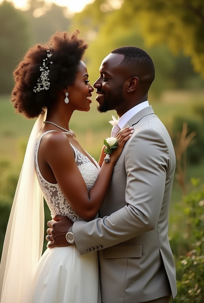 Create a picture of a white wedding of mimie an African woman that is beautiful, with a captivating eyes and smile, whose skin radiate like sunrise and emeka a strong handsome man. Use 9:16