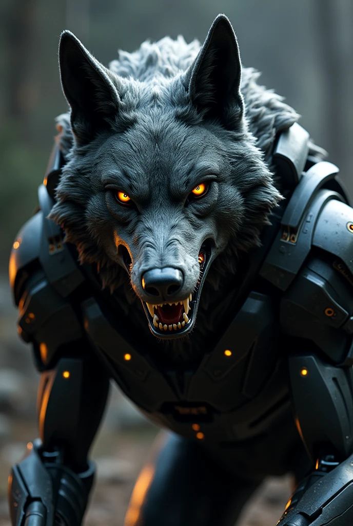 Half cyborg warrior wolf face , dark ,with armor