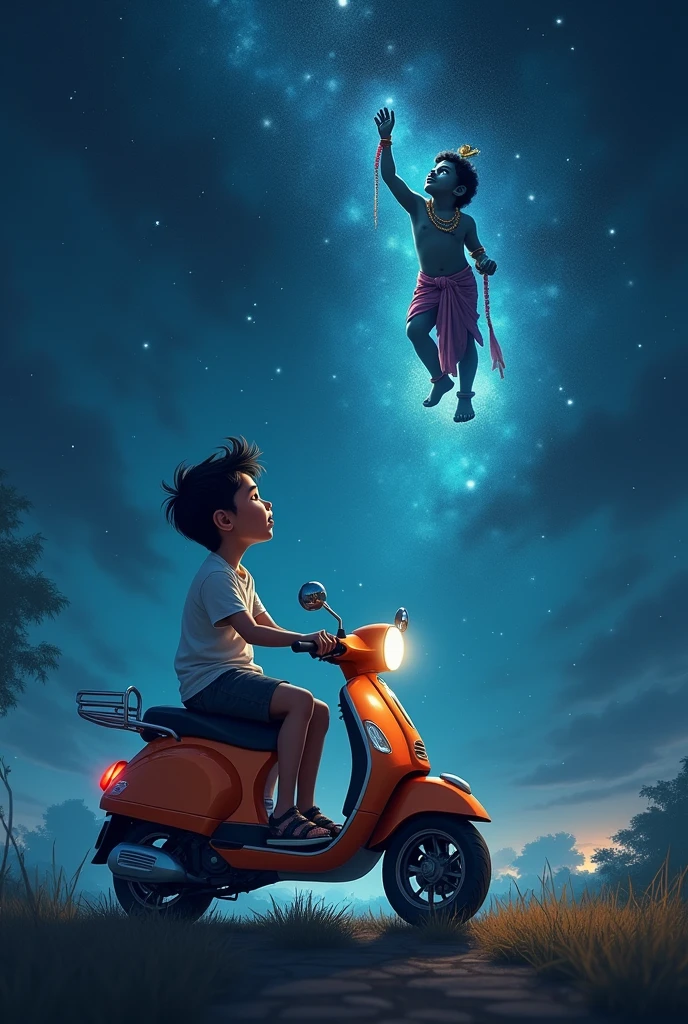A boy name is DEV which is written in his tshirt is sitting in a scooty and he is seeing in the sky and Hindu god shree krishna looking him face to face from sky . Make the atmosphere at ht