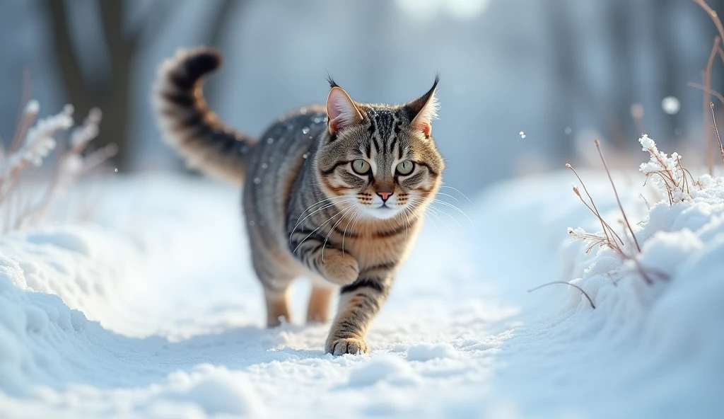 (photorealism:1.2), Photo of a graceful cat running on a snow-covered path, shot on a Canon EOS R5 with a depth of field f2.8, 85mm lens, 32k resolution, natural light, and realistic snow details --v 5 --q 3 --uplight