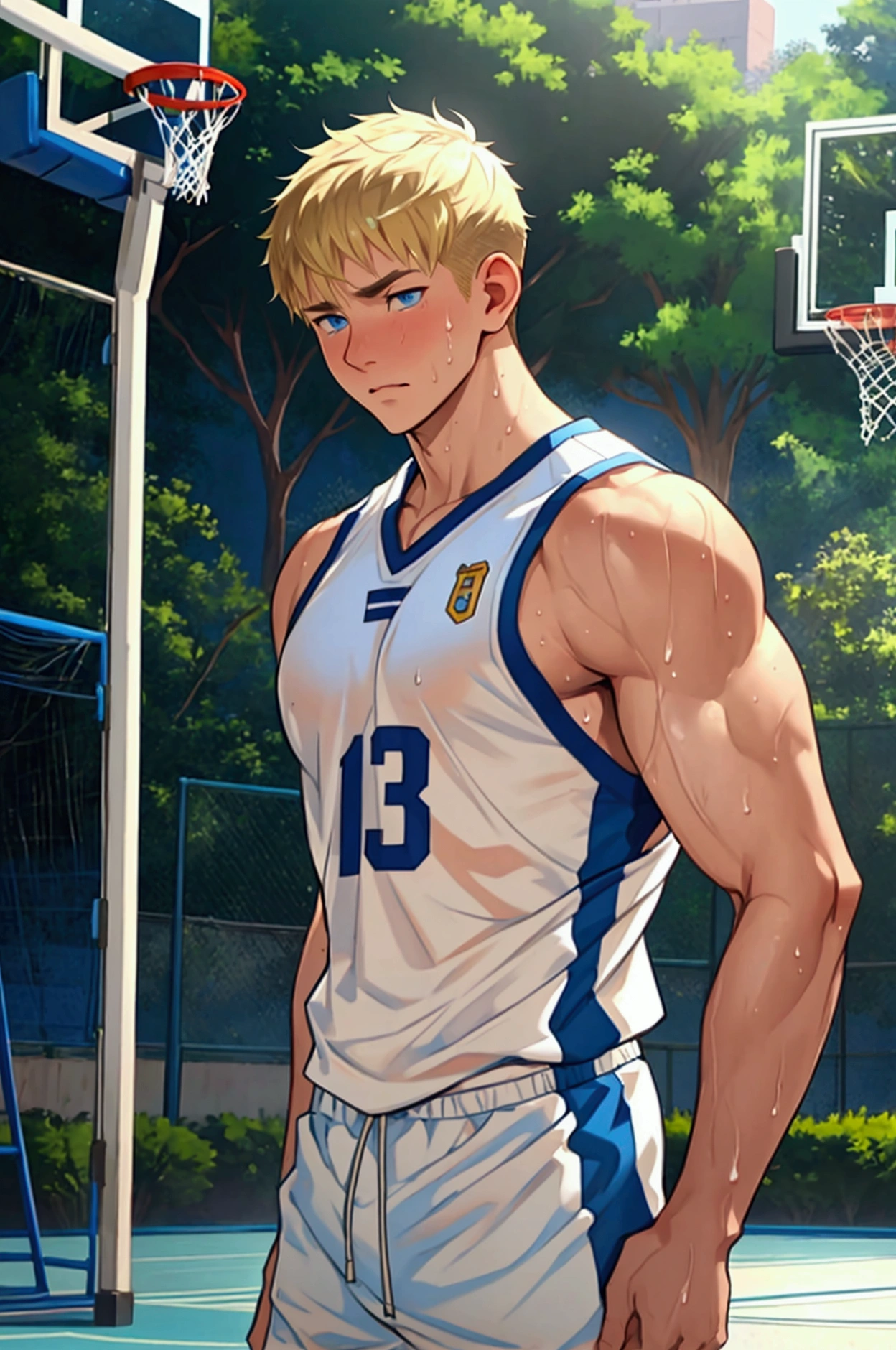 A young, muscular man in his 20s、Blue Eyes、Blonde、Short Hair、Sports haircut、Perfect body、Embarrassed face、Basketball court in the park、Dripping Sweat、Your body is wet