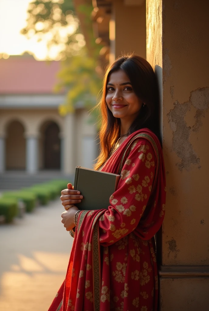 (photorealism:1.2), Indian lady 20 year old, round face, straight hair,The lady is seen in a trendy salwar-kameez, casually leaning against a pillar in the college courtyard, with her books in hand, as the sun sets behind the campus buildings.