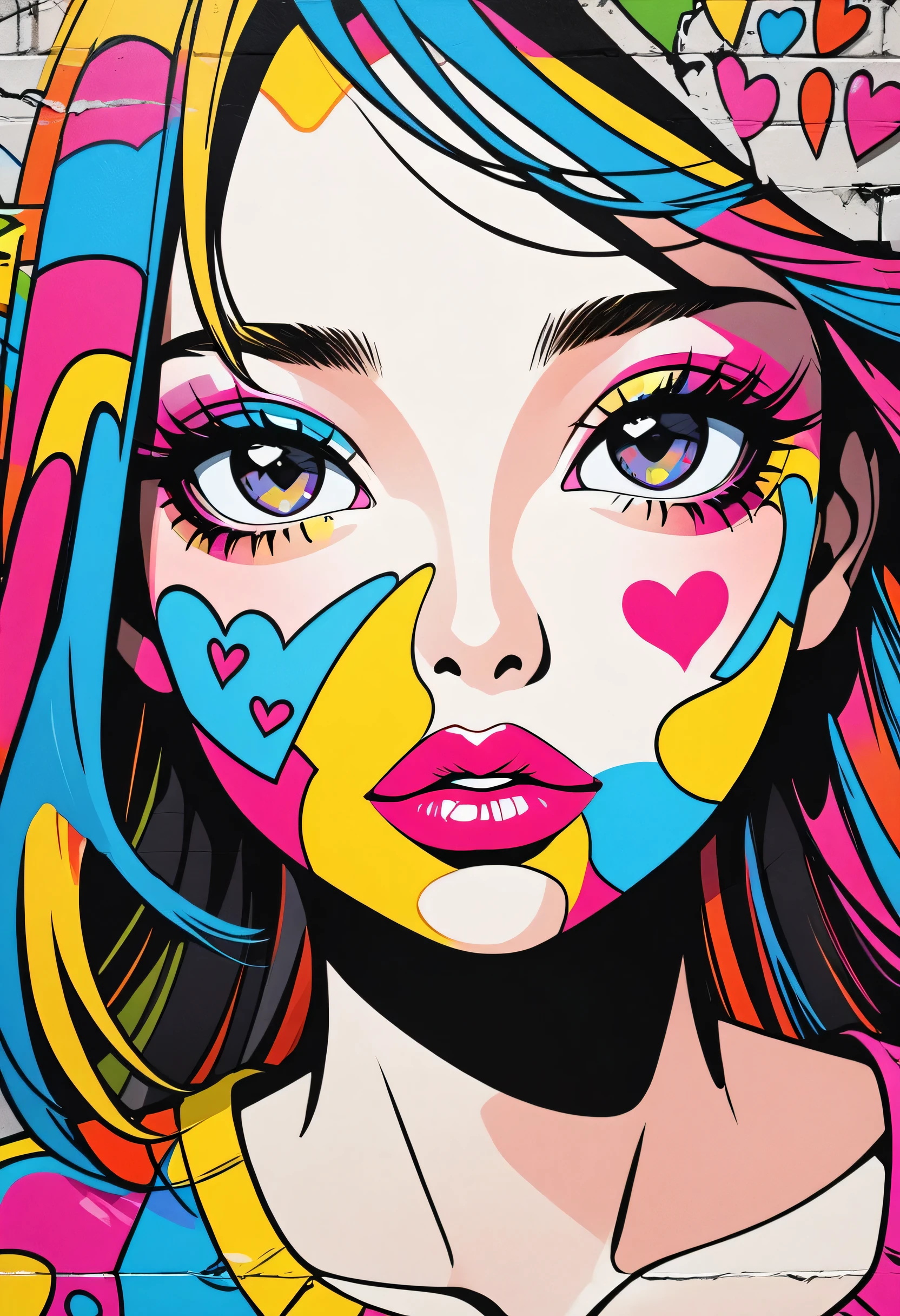 Ultra-realism Keith Haring colorful style, Simple Line Initialism,Abstract art,(((The most beautiful girl of all time))), Sweet face. Lips in love, colorful hearts, stylish design, Summer beach fashion, Dark Eyes, Graffiti on the wall