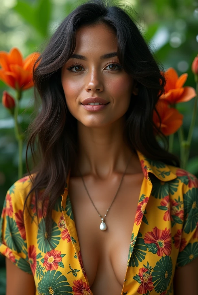 A Brazilian woman in a lush tropical garden, wearing an open shirt with a floral print, with a close-up capturing the harmonious beauty between her breasts and the natural flowers, showing off your natural charm and outgoing personality.