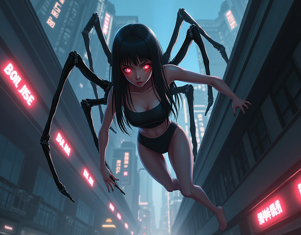 A full-body anime-style image of a female demon with spider legs and red eyes climbing a building, wearing a black tube top, long straight black hair with bangs, with the background of Tokyo.