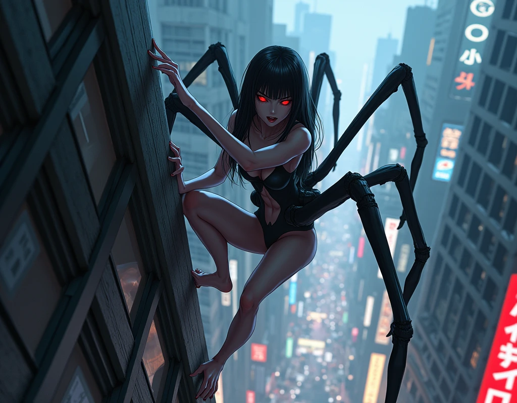 A full-body anime-style image of a female demon with spider legs and red eyes climbing a building, wearing a black tube top, long straight black hair with bangs, with the background of Tokyo.