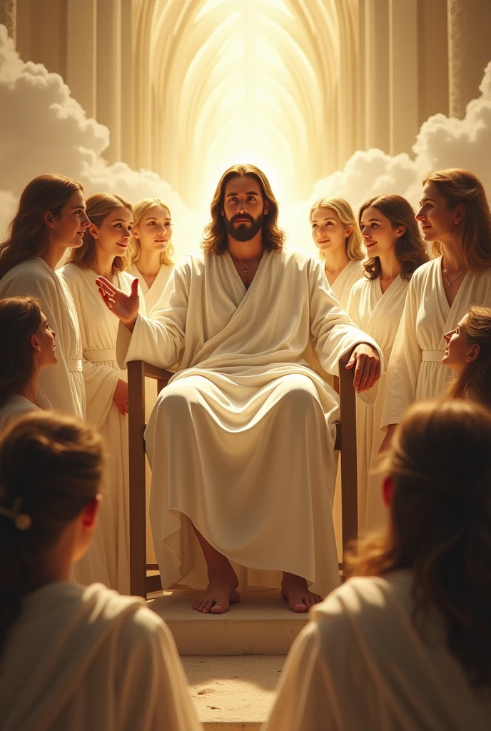Jesus sitting on a throne in heaven, surrounded by beautiful people,with white robes
