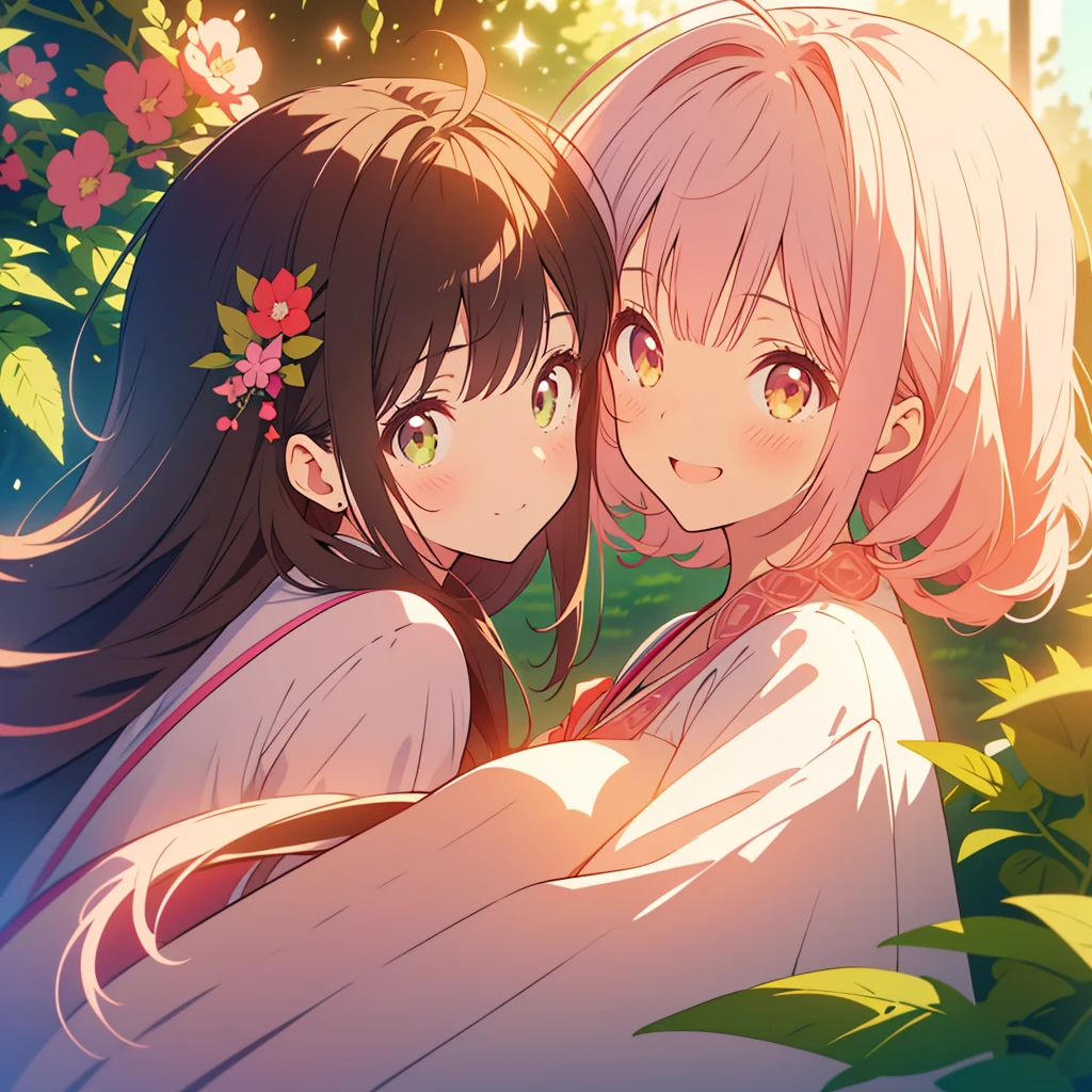 kawaii, anime, Cute, hyper quality, highly detailed, 8k, Clarity, Draw facial expressions in detail, Girl with long dark brown hair and green eyes, salvia, whole body, love, smile, A young smiling girl with pale pink scarlet eyes., good mood, with light pink hair, good friends, embrace,