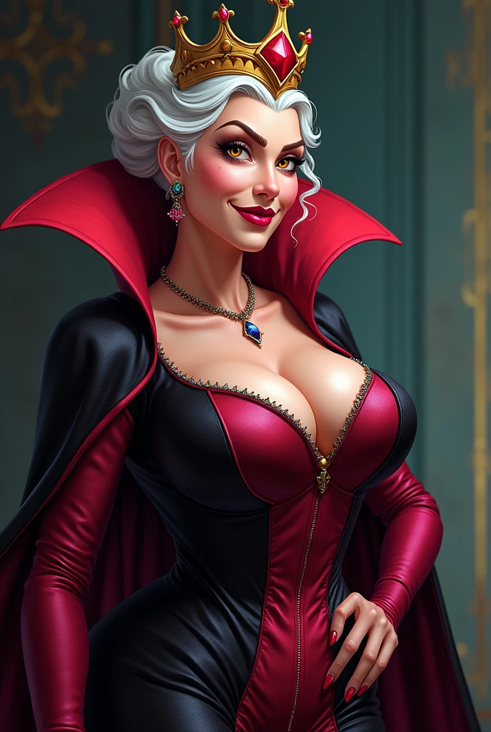realistic cartoon, 67-year-old evil queen, beautiful, curvy, sensual, tempting, seductive, tantalizing, lurid, charming, sassy, manipulative, twisted, kind, wicked, gentle, possessive, sharp, fantasy art, graphic novel, visual novel, masterpiece, detailed face, full body, ultra-detailed, uhd, 32k.
