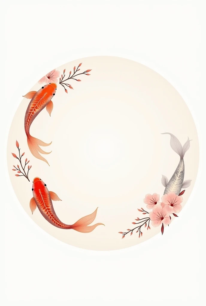 Generate a round label with a white background and surroundings, inside the label, contain cherry blossoms along with Japanese koi fish, the center must be blank. All very simple and in drawing