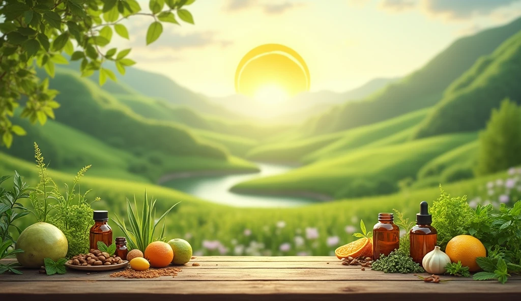 Create a serene and harmonious image that embodies the essence of naturopathy. The image should feature a tranquil, green landscape with soft rolling hills, a gentle river, and a variety of plants and herbs, symbolizing natural healing. In the foreground, include a wooden table with an assortment of herbal remedies, essential oils, and fresh fruits and vegetables. Add a subtle glow around the natural elements to emphasize their vitality. In the sky, include a calming sun with rays that form the shape of a heart. Ensure the text 'NATUROPATHIE : guérir par la nature' is clearly visible in elegant, flowing script at the top of the image. The text should be prominent and properly spelled. The overall color palette should be soft greens, earthy browns, and gentle blues, creating a peaceful and inviting atmosphere.
