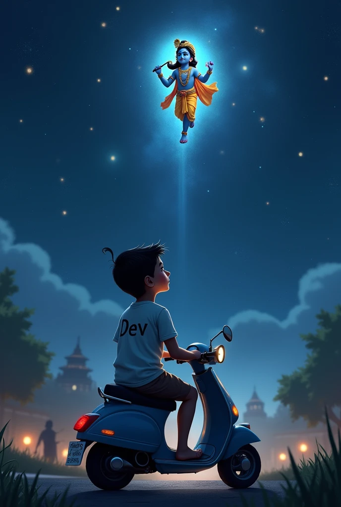A boy name is DEV which is written in his tshirt is sitting in a scooty and he is seeing in the sky and Hindu god shree krishna looking him from sky . Make the atmosphere at night