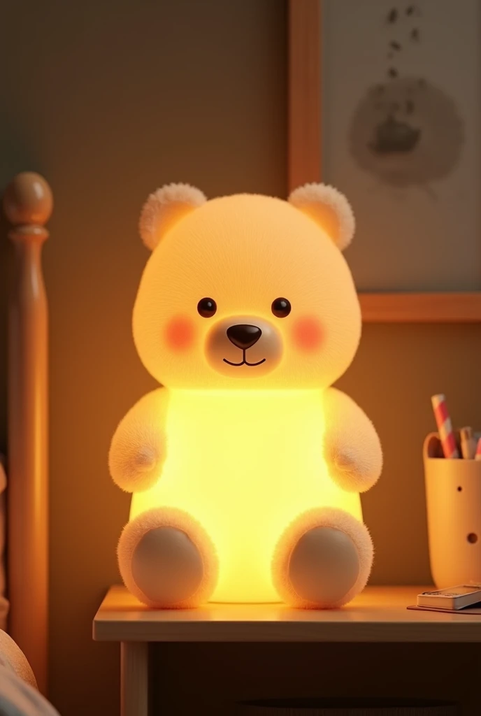 (photorealism: 3.4), bear night light, standing on the bedside table, night light in the shape of a beige bear, sitting upright, in a children's bedroom, evening, soft lighting, cozy room, intricate details, warm colors.