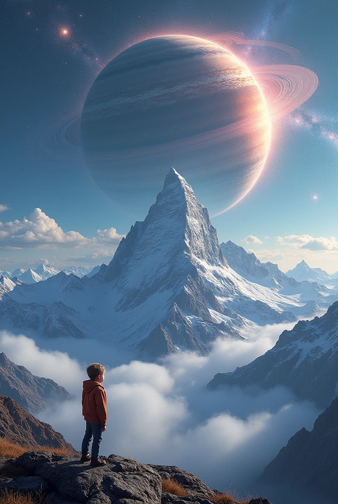 There is a tall mountain with a boy standing looking at a big Saturn with a galaxy.