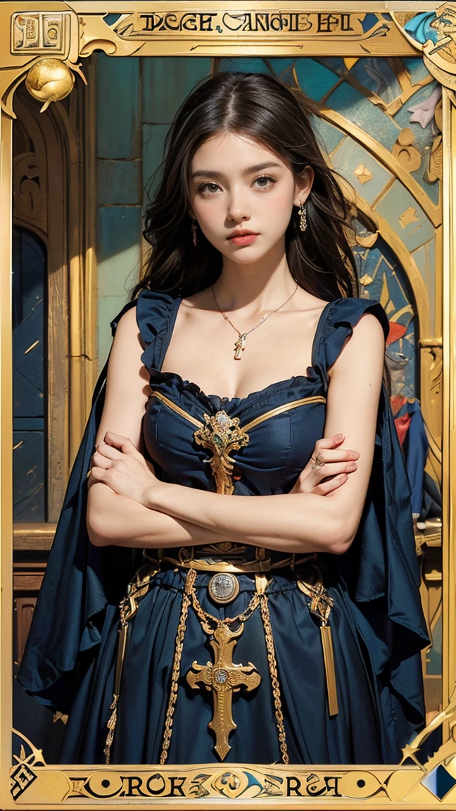 Highest quality、masterpiece、タロットcard、Balance scale、(Morgan Greer Tarot:1.2)、Retro art style、Thick outline、English text、Roman numerals、card、(Install the frame properly:1.2)、(タロットcard風の枠:1.5)、((Medieval Europe、Arms crossed, thought、thoughtる人のポーズ、Beautiful woman thought:1.5))