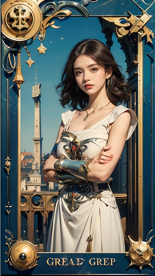 Highest quality、masterpiece、タロットcard、Balance scale、(Morgan Greer Tarot:1.2)、Retro art style、Thick outline、English text、Roman numerals、card、(Install the frame properly:1.2)、(タロットcard風の枠:1.5)、((Medieval Europe、Arms crossed, thought、thoughtる人のポーズ、Beautiful woman thought:1.5))