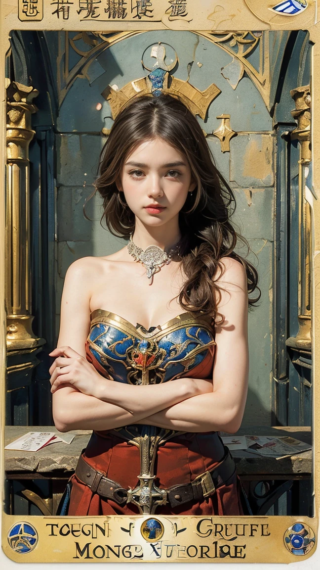 Highest quality、masterpiece、タロットcard、Balance scale、(Morgan Greer Tarot:1.2)、Retro art style、Thick outline、English text、Roman numerals、card、(Install the frame properly:1.2)、(タロットcard風の枠:1.5)、((Medieval Europe、Arms crossed, thought、thoughtる人のポーズ、Beautiful woman thought:1.5))