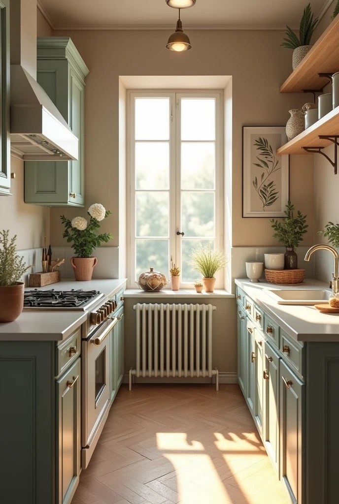 Photo realiste d’une cuisine decoration ancienne dans un appartement
Tons rose et gris
