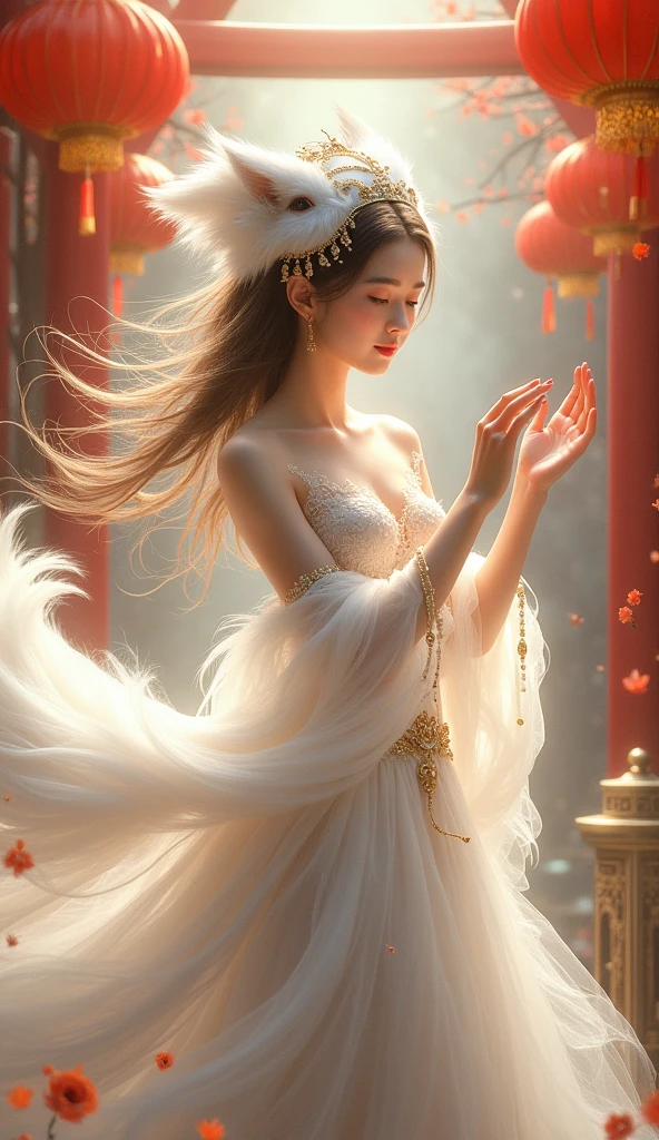Traditional Chinese Culture, 1 person, White fox, Fox Fairy, characteristic, Exquisite and beautiful face, Wearing a white lion's head, Dancing with her hands, Festive